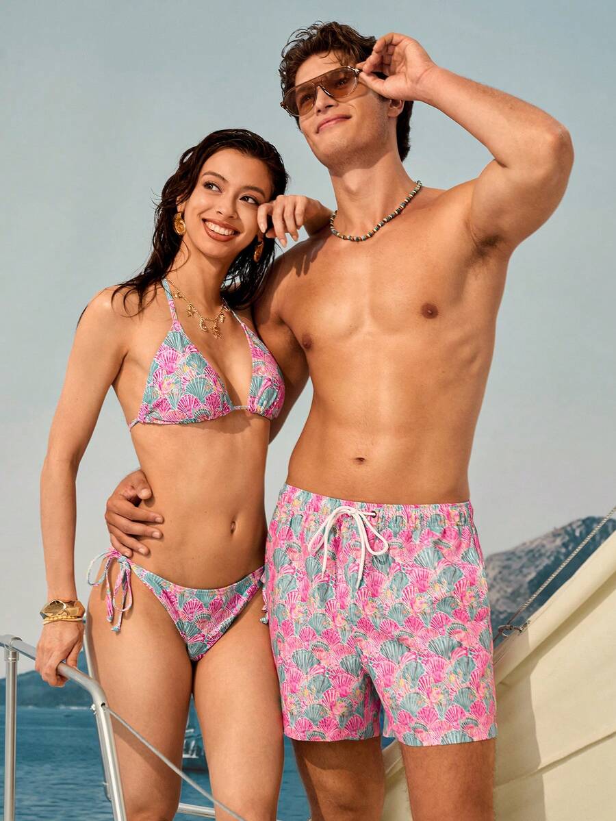 Manfinity VDAYZ 男士抽绳腰带全印花休闲沙滩短裤 - 彩色 - 查看 1