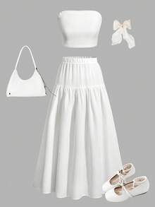 SHEIN Sparklyn 2pcs Teenage Beach Vacation Solid Color Knit Tube Top & Skirt Set - White - View 5
