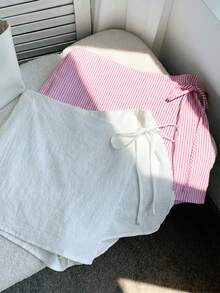 Comfortcana 2件組女款夏季休閒亞麻蝴蝶結裙褲，粉色條紋與白色抽繩圍裹短褲套裝，適合海灘度假 - 彩色 - 查看 5