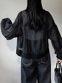 FRIFUL Women's Casual Streetwear Loose Metal Button Decor Jacket, Versatile For Autumn And Everyday Black - Black - View 2