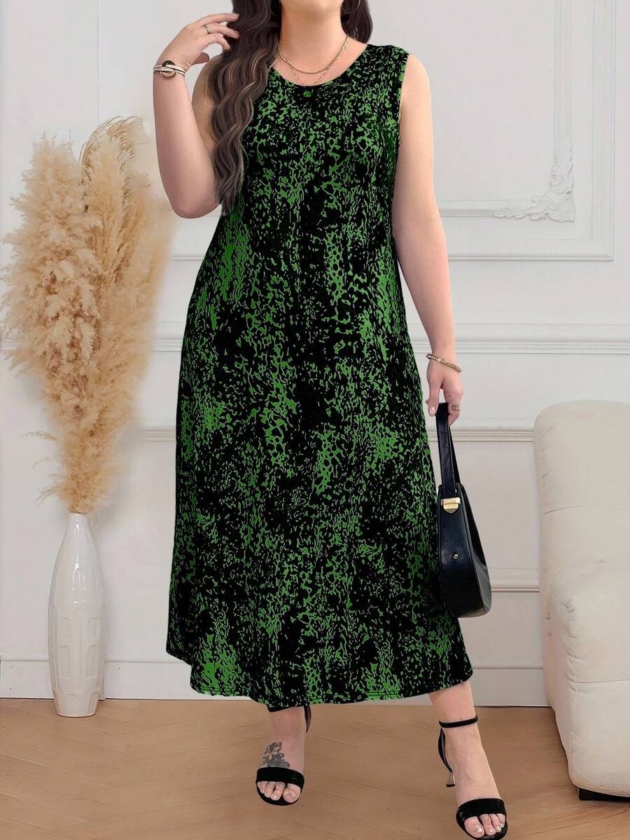 EMERY ROSE Plus Size Allover Print Sleeveless Round Neck Summer Dress For New Year Clothes Maxi Women Outfit - Green - View 1