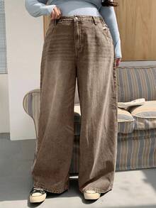 Dazy Plus Jeans de pierna ancha y larga de talla grande con efecto lavado y desgastado - Marrón - Ver 4