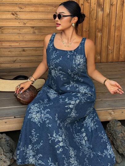 Dazy Plus Sleeveless Denim Dress, Square Neck Waist Cinched Design, Plus Size, Spring/Summer