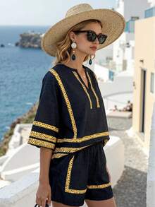Balvessa Damen Casual Urlaubs Gestreiftes Muster Ausgeschnittener Kragen Locker Hemd + Gemusterter Gestreifter Shorts 2-teiliges Set - Schwarz - Übersicht 3