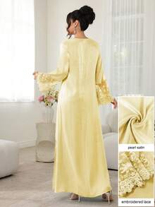 Vestido Maxi Najma con Cuello en V, Bordado Floral, Manga Larga, Patchwork y Bajo con Volantes, Estilo Tradicional Turco y Árabe - Amarillo - Ver 6