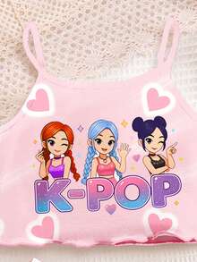 奶油粉 K-POP 卡通女孩圖案 少女休閒簡約細肩帶上衣與短褲家居服 春夏適用 - 彩色 - 查看 4