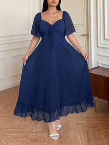 Vibekara Plus Size Casual V-Neck Ruffle Sleeve A-Line Dress, Elegant And Comfortable For Outings - Navy Blue - View 3