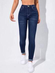 SHEIN Essnce Quần jeans nữ dáng ôm màu xanh dương, đa năng, phù hợp đi làm, dã ngoại và đi nghỉ mát, điểm nhấn là nơ trắng ở gấu quần. - Rửa tối - Xem 4