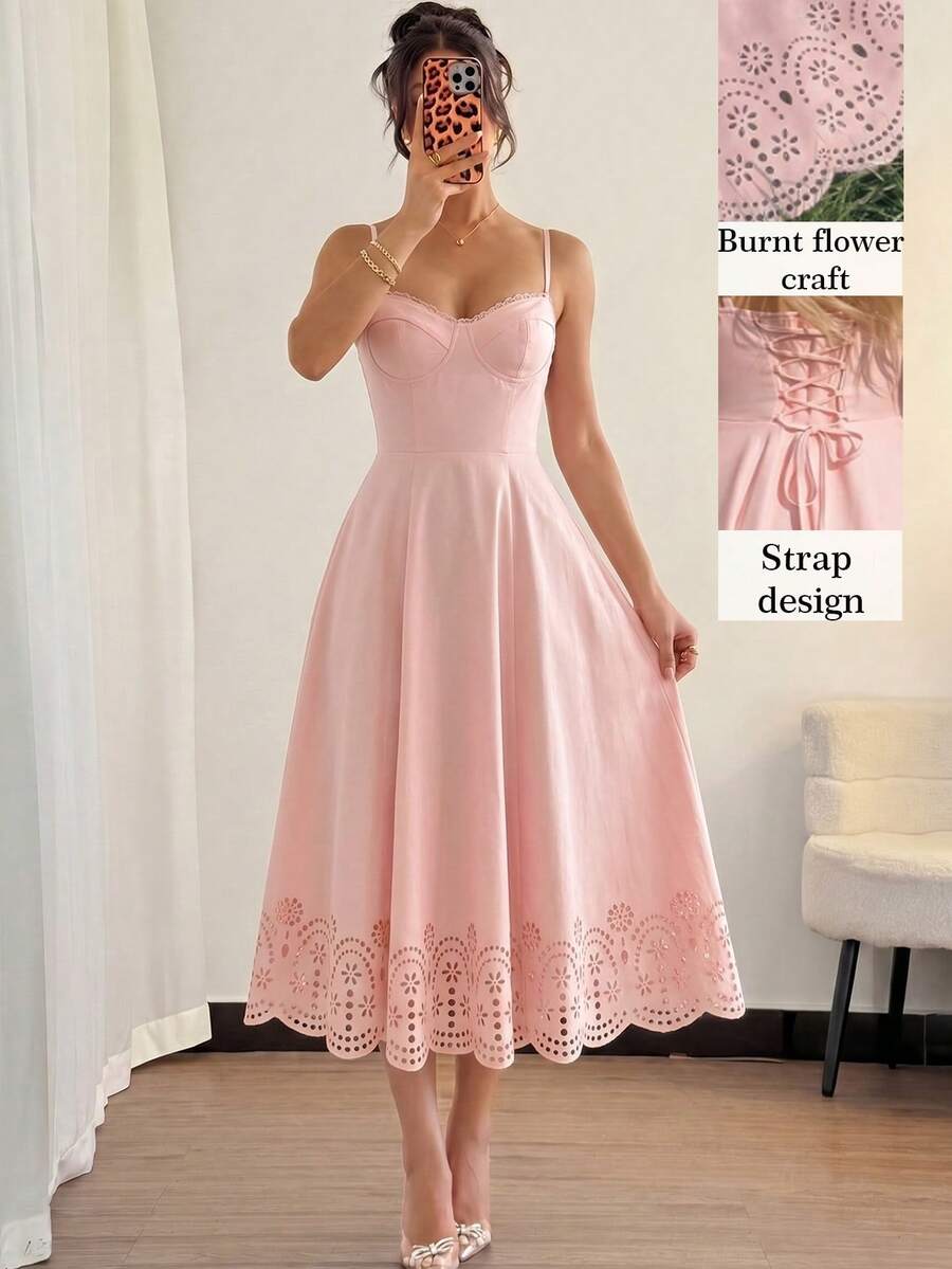 Glamine Charm Đầm chữ A màu hồng dây mảnh phối ren buộc sau lưng dành cho nữ, đầm thời trang đi nghỉ mát, thanh lịch, đa năng, đầm hồng nữ, đầm dài nữ