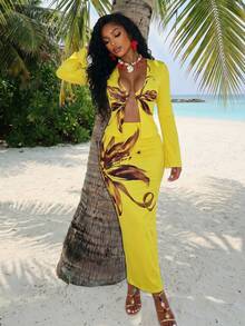 Slaydiva 2026 Neuester lässig Urlaubs Strand Eleganter Sexy Blume Muster Ausgeschnittenes Top und bedruckter Rock Zweiteiler, Sexy Strand Urlaubs Zweiteiler Cover Up - Gänsegelb - Übersicht 6