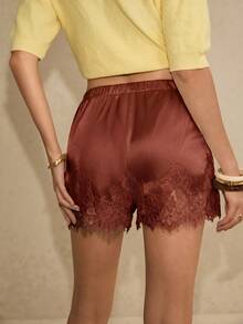 Poéselle Quần short nữ thanh lịch màu trơn phối ren, thích hợp cho mùa hè. - màu nâu - Xem 7