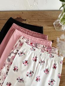SHEIN Quần dài dệt kim họa tiết hoa dễ thương, đa năng, cạp chun cho bé gái - Nhiều màu - Xem 4