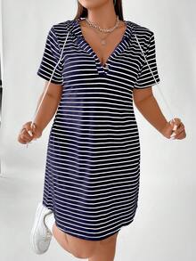 Vionelle Vestido casual canelado com capuz e cordão, tamanho grande. - Azul marinho - Ver 3