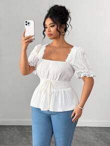 Elenzga Camisa ajustada con cuello de volantes y patchwork estilo francés - Albaricoque - Ver 4