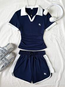 Tween Girls Polo Collar Co-Ord Set, Blue & White Splice Color Block Snug Fit Short Sleeve, Waist Ruched, Versatile & Minimalist, Spring/Summer - Blue and White - View 7