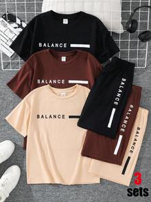 SHEIN 3套买二送一，男童休闲柔软舒适圆领宽松短袖T恤和运动短裤套装，适合春夏季节、郊游、情人节、约会、旅行、度假、家庭聚会、返校、婚礼、派对、运动、生日等场合。 - 彩色 - 查看 3