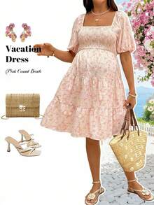 SHEIN Maternity Floral Print Shirred Casual Vacation Dress - Pink - View 4