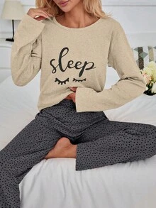 EURMUSE 100% Cotton 2Pcs Eye&Heart Printed PJ Set - Beige - View 6
