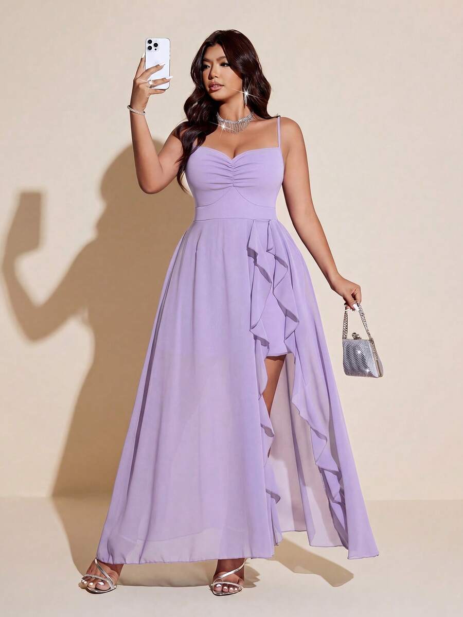 Viva Relle Đầm chiffon thanh lịch, lãng mạn dành cho nữ cỡ lớn, dây mảnh, viền bèo nhún, xẻ tà cao, thích hợp cho tiệc tùng, đám cưới, phù dâu, dạ hội, màu tím. - Màu tím hoa cà - Xem 1