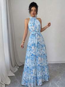 SHEIN Elenzya Ditsy Floral Ruffle Collar Pleated Waist A-Line Elegant Romantic Dress For Women, Suitable For Vacation - Multicolor - View 6