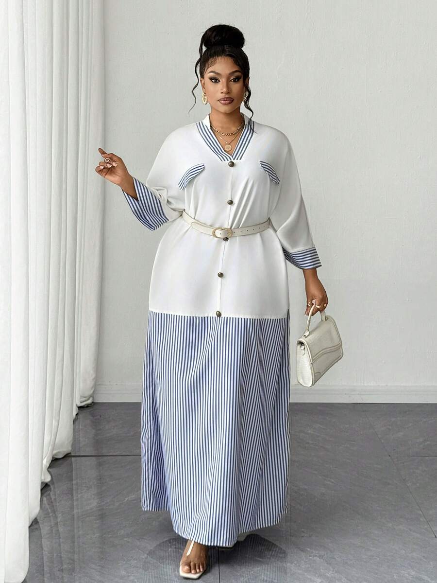 Maweii Striped Patchwork Short Sleeve Metal Button Robe, Loose V-Neck Vacation Plus Size Dress - Navy Blue - View 1