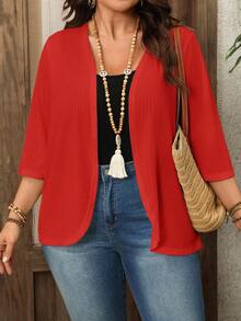 EMERY ROSE Plus Size Women's Mid-Length Sleeve White Jacquard Texture Cardigan Beach Vacation Jacket Spring Outfits For Women Summer Clothing Fall - Orange - View 1