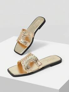 MOTF WOMEN'S SUMMER FASHION STREET CASUAL COMMUTE RIVET DECOR OPEN TOE FLAT SANDALS SPRING SHOES SUMMER SHOES - Light gold - View 7
