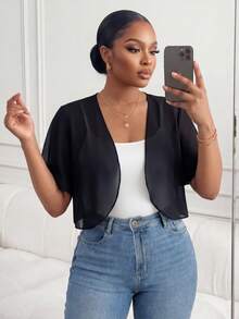 SHEIN Lady CURVE Chaqueta de gasa negra de manga corta, informal, holgada y transpirable para uso diario, con protección solar, para mujeres de talla grande, para primavera y verano - Negro - Ver 7