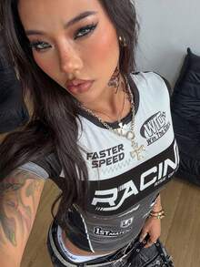 Coolane 女款街頭風灰色夏季城市度假涼爽賽事運動休閒籃球圖案拼色字母印花球衣上衣 - 灰色 - 查看 4