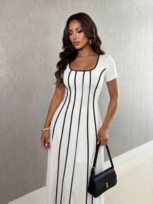 Xyvia Women's Summer Elegant Casual Commuter Brunch Vacation Dress, Black And White Striped Contrast Color, Square Neck Short Sleeve Fitted A-Line - White - View 8