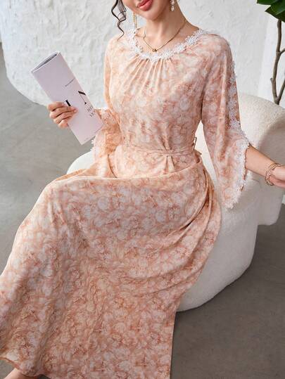 Al Najma Colorful Floral Print Patchwork Ruffle Hem Elegant Daily Wear Arabic Style Dress For Women