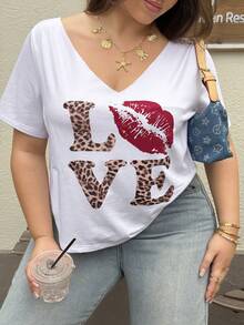 Dazy Plus Camiseta de playa holgada con estampado de leopardo para mujer de talla grande, adecuada para primavera, verano, Día de San Valentín, vacaciones - Blanco - Ver 5
