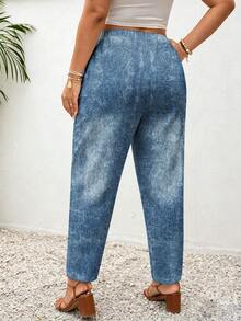 SHEIN Frenchy Plus Size Women Denim Effect Print Drawstring Waist Pocket Pants - Multicolor - View 2