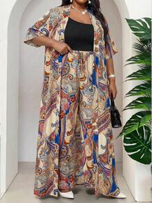 SHEIN Lady Bộ 2 món áo khoác dài và quần dài in họa tiết Paisley cỡ lớn. - Nhiều màu - Xem 5
