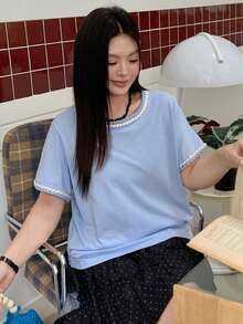 Dazy Plus Elegant Versatile Loose Fit Plus Size Blue Round Neck Patchwork Design T-Shirt For Women, Spring/Summer - Baby Blue - View 5