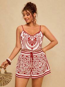 Travachic Plus Size Women Allover Print Casual Everyday Jumpsuit - Red - View 5