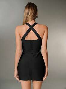 Nuvra Knit Fabric Bodycon Mini Dress, Sexy Bandage Cold Shoulder Design, Flattering Silhouette, Suitable For Party Night Out Club And Events Black Summer - Black - View 8
