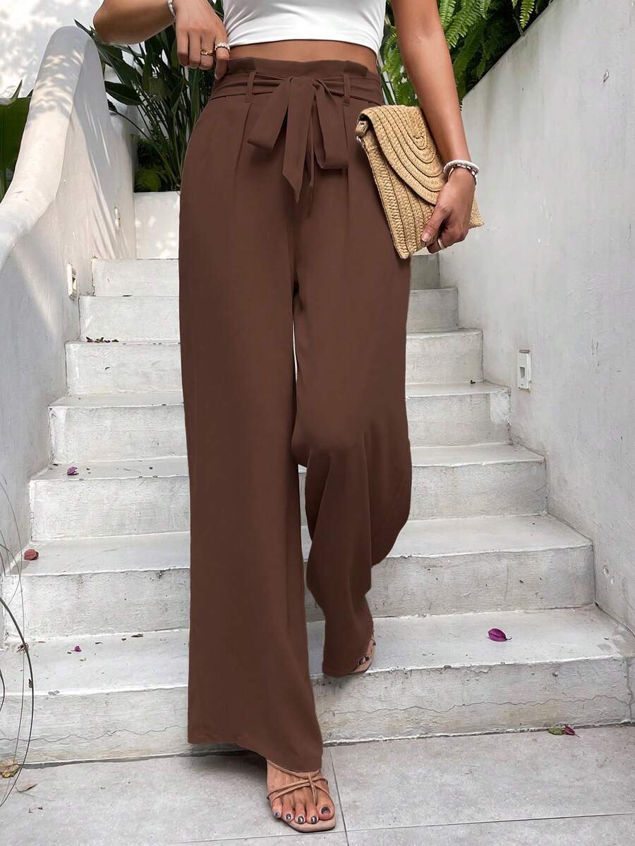 Serisse Paperbag Waist Belted Straight Bow Tie Wide Leg Pants - Brown - View 1