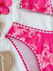 SHEIN Bộ đồ bơi tankini họa tiết hoa nhí màu hồng cánh sen dành cho thiếu nữ, viền vỏ sò, kiểu áo hai dây hở lưng mùa hè, đồ bơi đi biển. - Màu Hồng Tươi - Xem 10