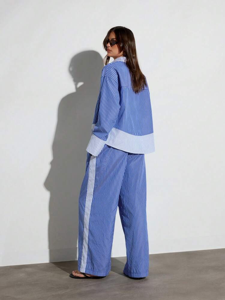 KSTM Damen vertikale gestreifte Palazzo Hose mit weitem Bein, hoher Taille, lässiger Passform, Sommerhose mit blau-weißen Kontraststreifen, fließender Saum