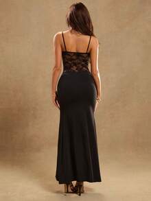Glamine Đầm slip gợi cảm phối ren họa tiết xương cá, cài cúc phía trước, xẻ tà, xếp ly dành cho nữ - màu đen - Xem 2