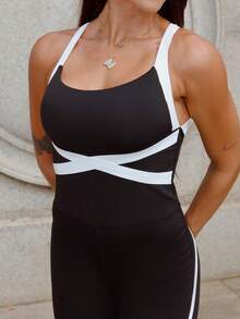 Maju Mazalli Women's Black And White Knitted Jumpsuit With Spaghetti Straps Backless Long Colorblock Design Sports - Black and White - View 5