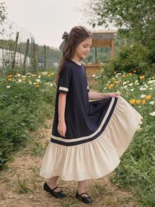 DAZY Tween Girls Round Neck Color Block Mid-Length Short Sleeve Dress Sun Dresses For Girl Summer - Apricot - View 6