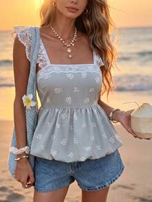 SHEIN LUNE Women's Light Blue Floral Summer Boho Tea Party Beach Holiday French Cottage Ditsy Floral Print Lace Trim Ruffled Flounce Hem Blouse For Coachella - Mint Green - View 5