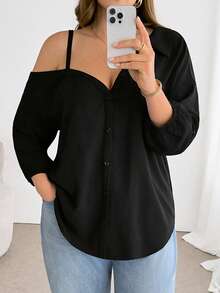 SHEIN CURVE+ Blusa negra de botones con hombros descubiertos, manga tres cuartos, estilo suelto y cómodo para mujer de talla grande, versátil y estilizante, para uso diario, primavera/verano, estilo europeo, blusa negra sexy de primavera/verano para mujer, blusa elegante para Día de San Patricio, Pascua y fiestas - Negro - Ver 7