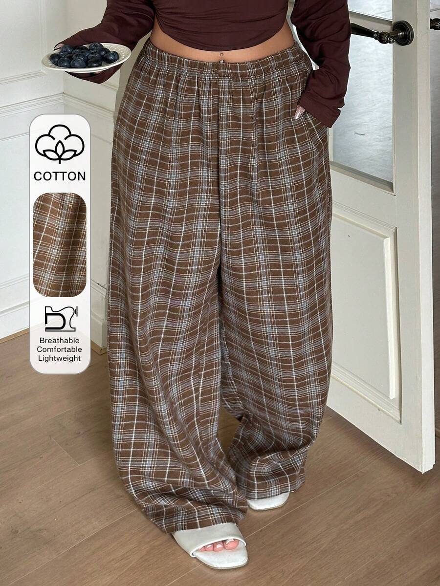 Dazy Plus Plus Size Women Elastic Waist Plaid Loose Pajama Pants - Brown - View 1