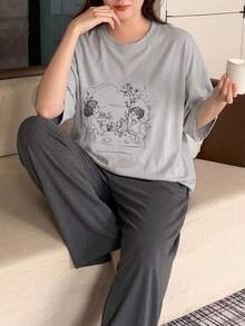 Dazy Plus Plus Size Graphic Print Loose Fit Short Sleeve Top And Elastic Waist Pants Pajama Set Summer - Grey - View 8