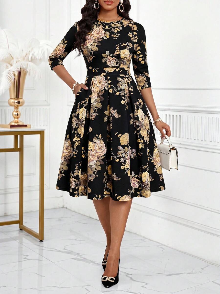 SHEIN Lady Đầm nữ thanh lịch, họa tiết hoa, dáng dài ngang gối, màu đen, thích hợp cho công sở. - màu đen - Xem 1