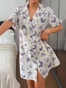 Napfluff 女士蝴蝶印花荷叶边开衫式睡裙 - 杏色 - 查看 5