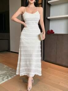 DAZY 休闲度假风宽松白色蕾丝长裙，适合春夏穿着 - 杏色 - 查看 5